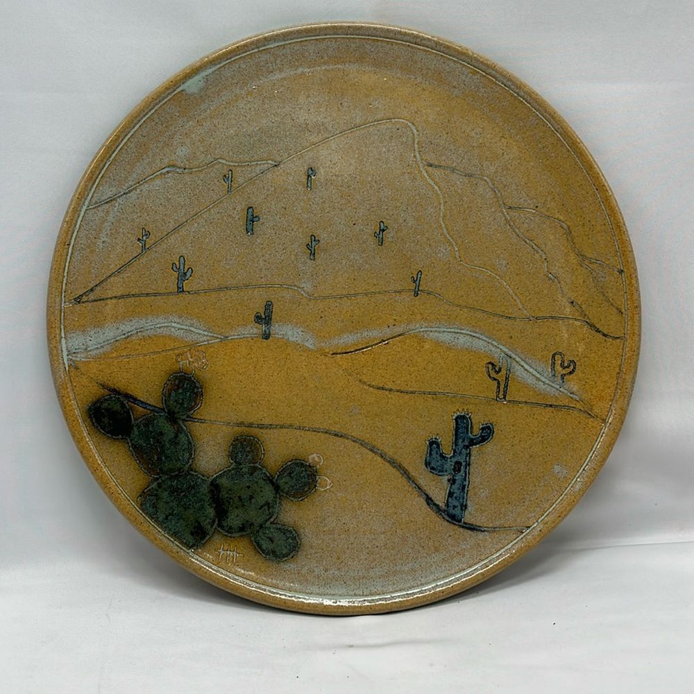 Desert Cactus Clay Serving Pottery Plate Signed
